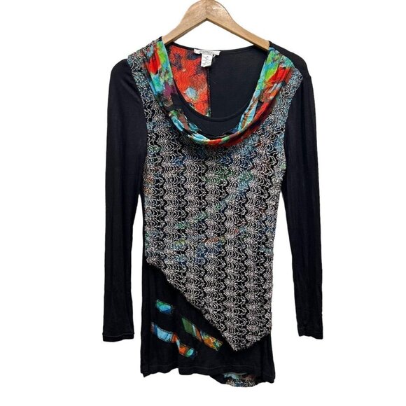 Elysee 26 Tunic Boho Top Black Abstract Cowl Neck 2/3 Sleeve Womens size M - Picture 11 of 12